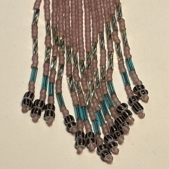 Triangular shaped dusty rose and teal beaded fringe drop statement earrings - Picture 2 of 6
